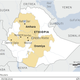 Map locating Amhara and Oromiya regions where protests have occurred in Ethiopia.